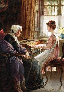 彼らの夕べの賛美歌。1892年に出版された、イギリスの画家マーガレット・イザベル・ディックシー（1858-1903）の絵画をもとにしたクロモリトグラフ。少女が年老いた祖母に鍵盤楽器（チェンバロ？