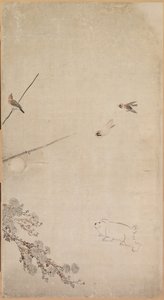 子犬、すずめ、菊
