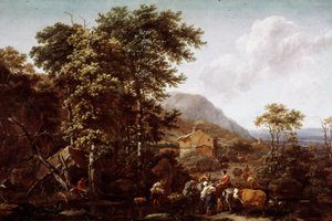 風景と動物。オランダの画家、ニコラエス・ベルケム（1620-1683）の絵