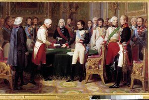 1808年9月27日から10月14日までのエアフルトでの会見。ナポレオン1世がオーストリアの外交官ヴィンセント男爵を迎え、オーストリア皇帝から派遣される。2人の人物の間には、シャルル・モーリス・ド・タレーラン・ペリゴール（1754-1838）が描かれています。痛み