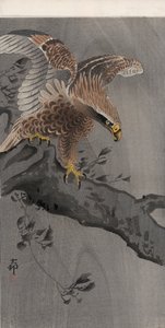 木の幹に翼を広げた鷲（カラー木版画