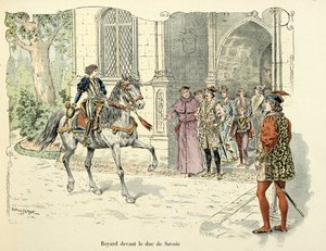 テオドール・カフ著、ポール・デ・セマン（1855-1915）画の「バイヤール騎士団の歴史」からの引用。1486年、サヴォイ公の前に立つ11歳のバイヤール