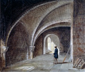 1855 年、シティ オブ ロンドン、ウッド ストリート スクエア、壁に囲まれたセント ジェームズ教会の下の地下室。