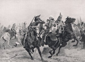 1910年頃、ロンドンのカッセルから出版された「陸と海でのイギリスの戦い」のイラスト、フランスの竜騎士団によるラルフアバクロンビーへの攻撃