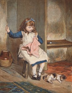 縫い物をする少女と足元の猫（カラーリトグラフ）