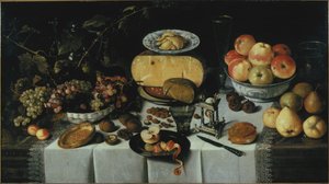 チーズと果物のある静物、1625年。