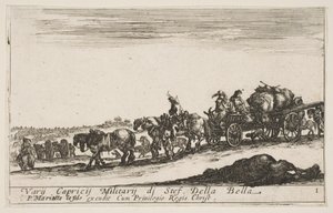 プレート1：人や物を運ぶ馬が引くカート、手前の死んだ馬、f ...、ca。 1641年。 作： ステファノ・デラ・ベラ