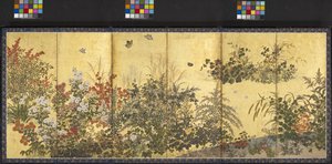 花と蝶（紙にインク、色、金箔）