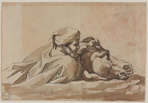 プッサンの「大洪水」（レクト）に倣って、水の中で馬をつかむ男、1816年頃（黒鉛の上にペンと茶インク、筆と茶色のウォッシュで描かれている。）