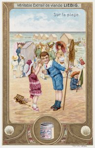 海辺のフランスの子供たちを描いたライビッヒのカード 1890年