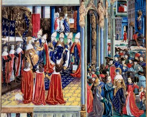 1226年11月29日にランスの大聖堂で行われたサン・ルイ王（ルイ9世）（1214-1270）の戴冠式」 15世紀の写本「モンシニョール・サン・ルイの事実の書」のミニチュア。パリ、B.N