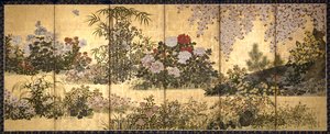 花と蝶（紙にインク、色、金箔）