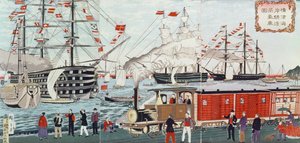 1853年のペリー提督の日本人への鉄道の贈り物（木版画） 作： 歌川広重