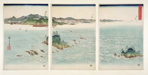 阿波の鳴門の急流、「雪と月と花」シリーズ、1857年（版画） 作： 歌川広重