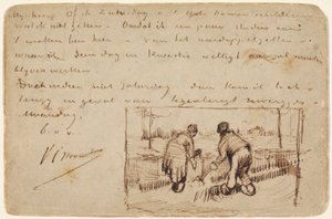 1885年の2人の農民の掘り込みの絵葉書（はがきにペンと茶色のインク） 作： ヴィンセント・ヴァン・ゴッホ