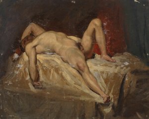 男性のヌードが横になった、左膝を上げた、1815-45