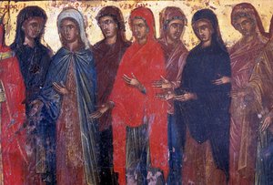 ギリシャ、クレタ島、パレア・ルーマタのビザンチン様式教会の木製パネル「敬虔な女性」（写真