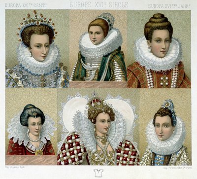 16世紀のフランスにおける髪結い（およびマリー・ド・メディチの肖像） - 19世紀後半、Racinetによる「Le costume historique」にて 作： アルバートチャールズアウグストラシネ