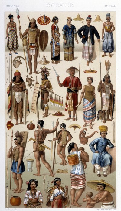 マレーシア、ポリネシア（オセアニア）の人々。ラシネによる「Le costume historique」のイラスト 作： アルバートチャールズアウグストラシネ