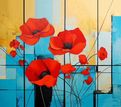 抽象的なモンドリアン、ポピーの花の絵、ウォールアート｜キャンバスプリント 作： ファフタリ・アブデラヒム