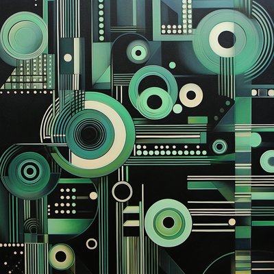 暗い黒の背景に複雑な幾何学模様の絵画、ファインアート プリント 作： ファフタリ・アブデラヒム