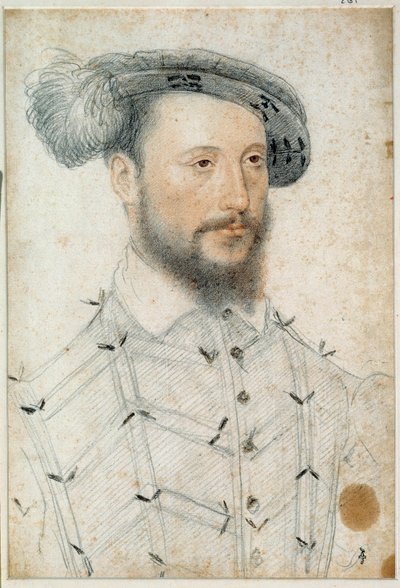 ピエンヌ公アントワーヌ・ドゥ・ハリュアン（1505 - 1553）の肖像。クルエ・フランソワ（1515-1572）による血と黒い石のドローイング 作： フランソワ・クルーエ