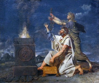 父親を伴った若いローマの戦士が神々に武器の成功を求めている、1780年頃（キャンバスに油彩） 作： ジャン・ジェルマン・ドルアイ