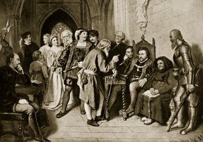 1513年のフロデンの戦い前の評議会のジェームズ4世、「ハッチンソンのイギリス国民の物語」、1923年頃のイラスト 作： ジョン・フェード