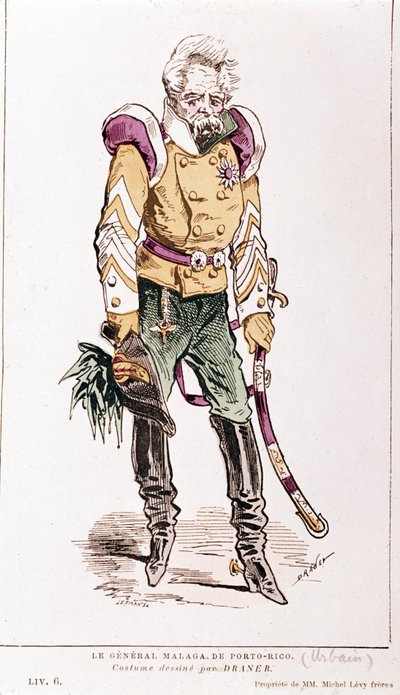 ジャック・オッフェンバック：「パリジェンヌの生活」。プエルトリコのマラガ将軍、ドラナーの衣装。1866. 作： レナード・ジュール・ドラナー