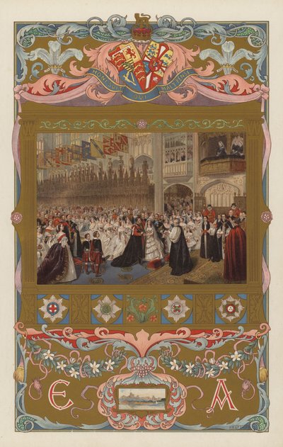 1863年3月10日、ウィンザーのセント・ジョージズ・チャペルで行われた、後の国王エドワード7世とアレクサンドラ女王の結婚式（カラーリトグラフ版 作： ウィリアム・パウエル（後）フリス